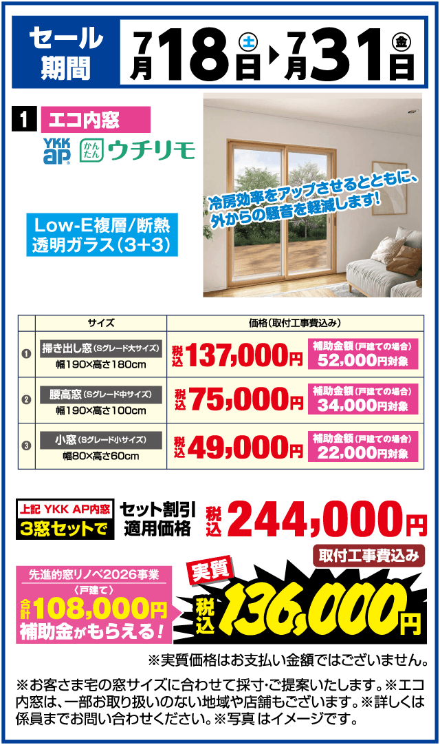 セール期間 7月18日(土)▶7月31日(金) 1 eco窓 YKK AP かんたん ウチリモ 冷房効率をアップさせるとともに、外からの騒音を軽減します！ Low-E複層／断熱 透明ガラス（3＋3） サイズ 価格（取付工事費込み） ①掃き出し窓（Sグレード大サイズ）幅190×高さ180cm 税込137,000円 補助金額（戸建ての場合）52,000円対象 ②腰高窓（Sグレード中サイズ）幅190×高さ100cm 税込75,000円 補助金額（戸建ての場合）34,000円対象 ③小窓（Sグレード小サイズ）幅80×高さ60cm 税込49,000円 補助金額（戸建ての場合）22,000円対象 上記 YKK AP内窓 3窓セットで 税込244,000円 取付工事費込み 先進的窓リノベ2026事業〈戸建て〉合計108,000円補助金がもらえる！ 実質 税込136,000円