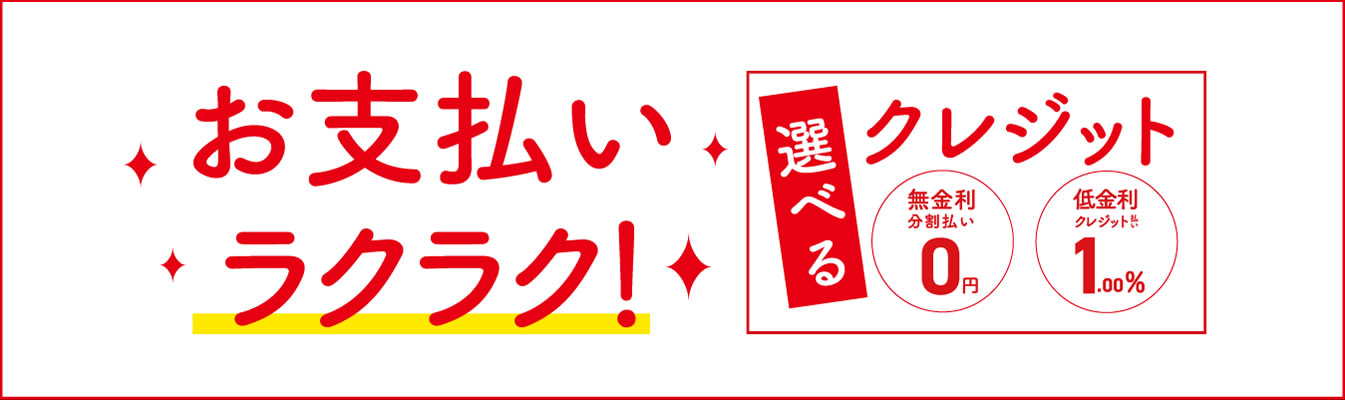 お支払いも、いろいろ選べるクレジット払い。金利0の分割払いや、1％の低金利なども。