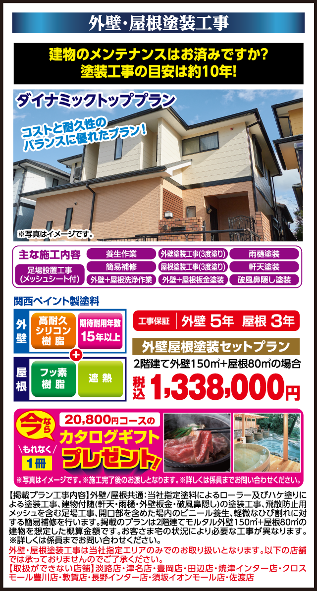 外壁・屋根塗装工事 建物のメンテナンスはお済みですか？塗装工事の目安は約10年！ ダイナミックトッププラン コストと耐久性のバランスに優れたプラン！ 主な施工内容 足場設置工事（メッシュシート付） 養生作業 外壁塗装工事（3度塗り） 雨樋塗装 簡易補修 屋根塗装工事（3度塗り） 軒天塗装 外壁＋屋根洗浄作業 外壁＋屋根板金塗装 破風鼻隠し塗装 関西ペイント製塗料 外壁 高耐久シリコン樹脂 期待耐用年数15年以上 屋根 フッ素樹脂 遮熱 工事保証 外壁5年 屋根3年 今なら20,800円コースのカタログギフトプレゼント！ もれなく1冊 ※写真はイメージです。※施工完了後のお渡しとなります。※詳しくは係員までお問い合わせください。 外壁屋根塗装セットプラン 2階建て外壁150㎡＋屋根80㎡の場合 税込1,338,000円 掲載プラン工事内容 外壁/屋根共通：当社指定塗料によるローラー及びハケ塗りによる塗装工事、建物付随（軒天・雨樋・外壁板金・破風鼻隠し）の塗装工事、飛散防止用メッシュを含む足場工事、開口部を含めた場内のビニール養生、軽微なひび割れに対する簡易補修を行います。 掲載のプランは2階建てモルタル外壁150㎡＋屋根80㎡の建物を想定した概算金額です。お客さま宅の状況により必要な工事が異なります。※詳しくは係員までお問い合わせください。 外壁・屋根塗装工事は当社指定エリアのみでのお取り扱いとなります。以下の店舗では承っておりませんのでご了承ください。 【取扱ができない店舗】淡路店・津名店・豊岡店・田辺店・焼津インター店・クロスモール豊川店・敦賀店・長野インター店・須坂インター店・佐渡店